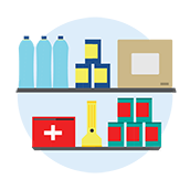 Emergency supplies on some pantry shelves